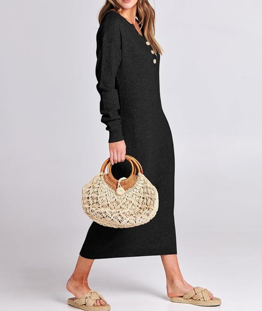 Long Sleeve Button Waffle Knit Fall Dress