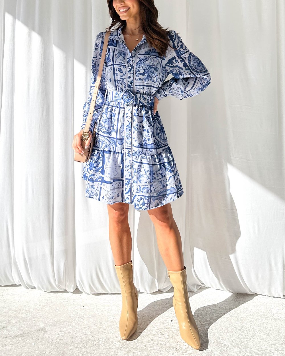 Chic Printed Button-Down Long Sleeve Mini Dress