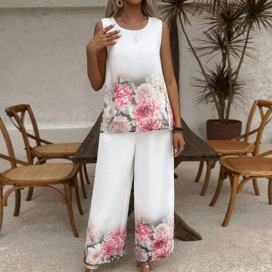 Elegant Floral Print Sleeveless Two Piece Set