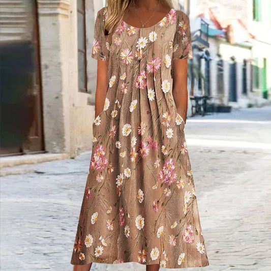 Elegant Floral Print Scoop Neck Midi Dress