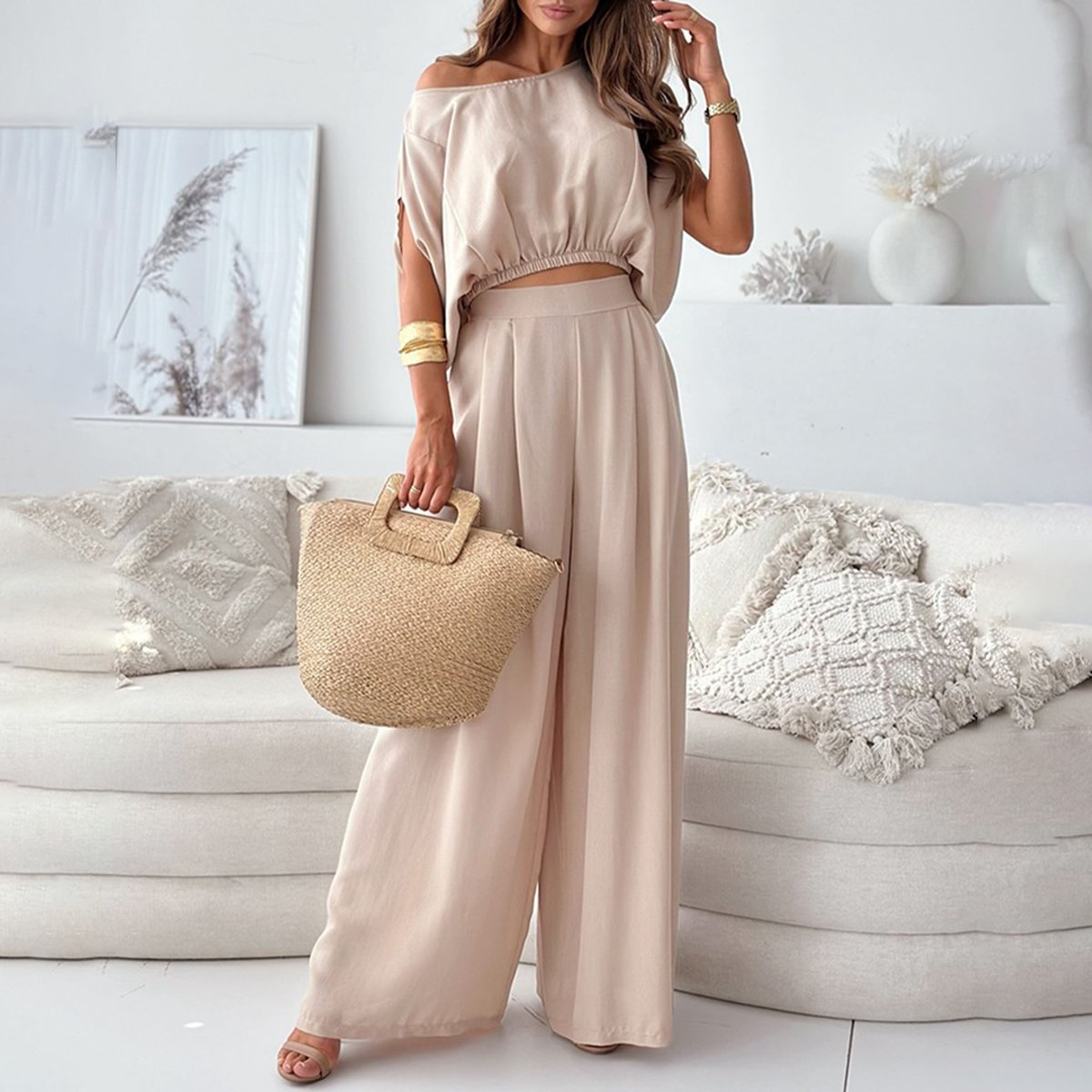 Apricot Plain Short Sleeve Two Piece Set