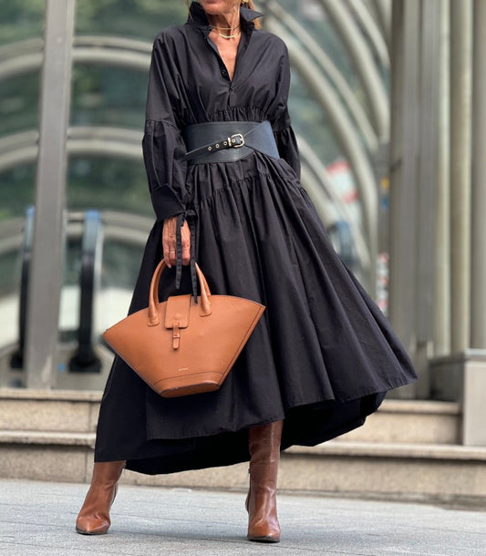 Glamorous Black Plain lapel Maxi Dress