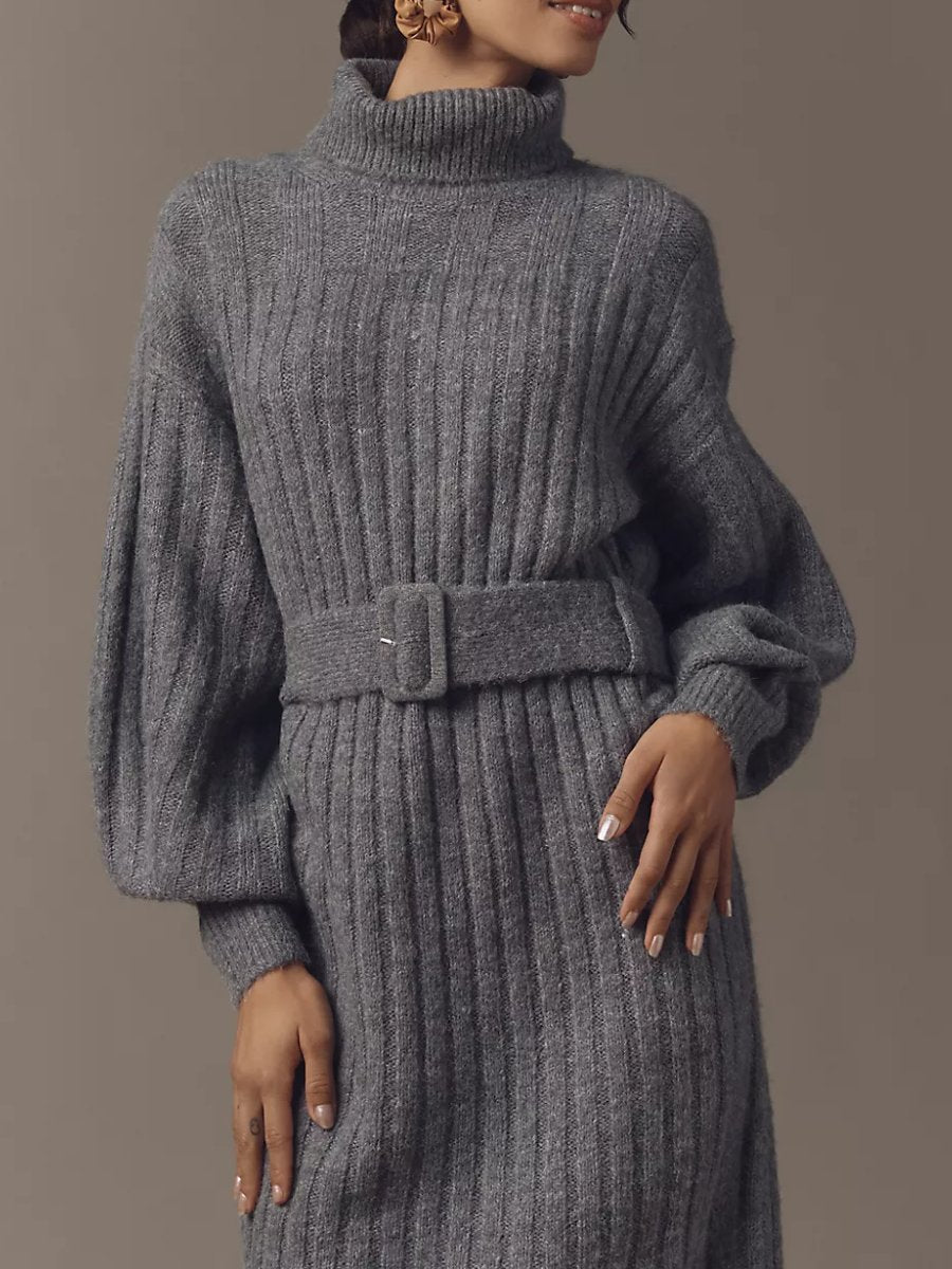 Trendy Turtleneck Belted Long-Sleeve Sweater Midi Dress