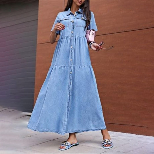 Blue Collared Short Sleeve Denim Maxi Dress