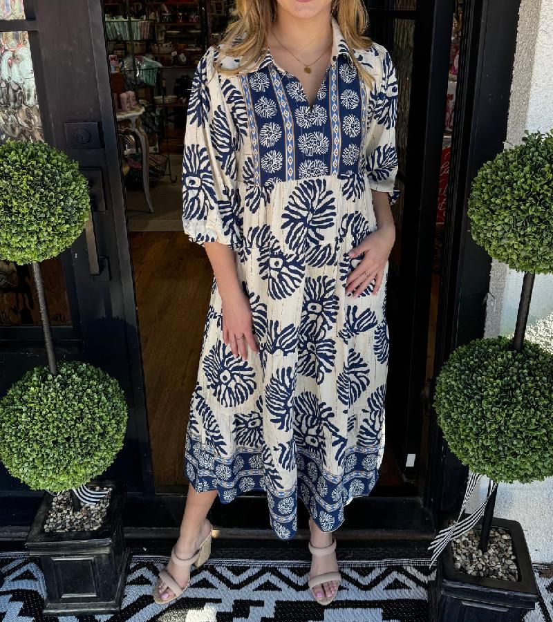 Groovy Navy 3/4 Sleeve Midi Dress