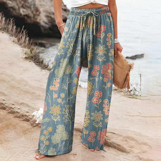 Blue Floral Print Elastic Waistband Pants