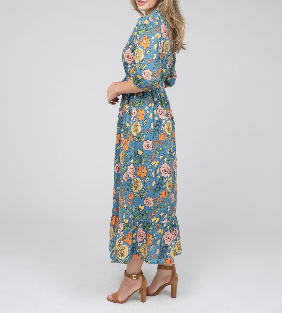 Romantic Floral Print V-Neck Midi Dress