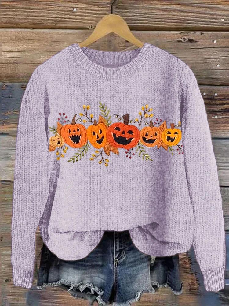 Halloween Pumpkin Embroidery Pattern Knit Sweater