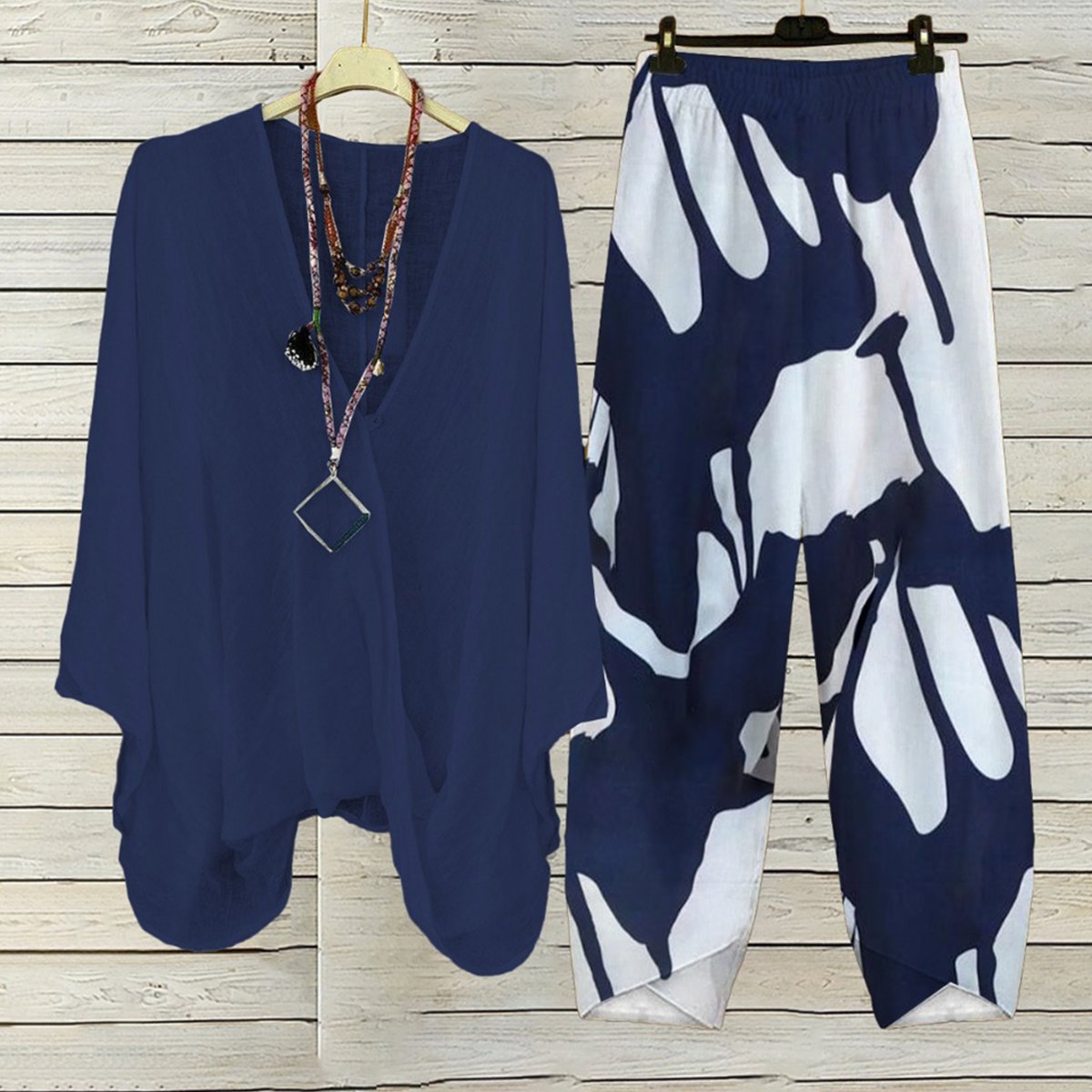 Navy V-Neck Long Sleeve Two Piece Set