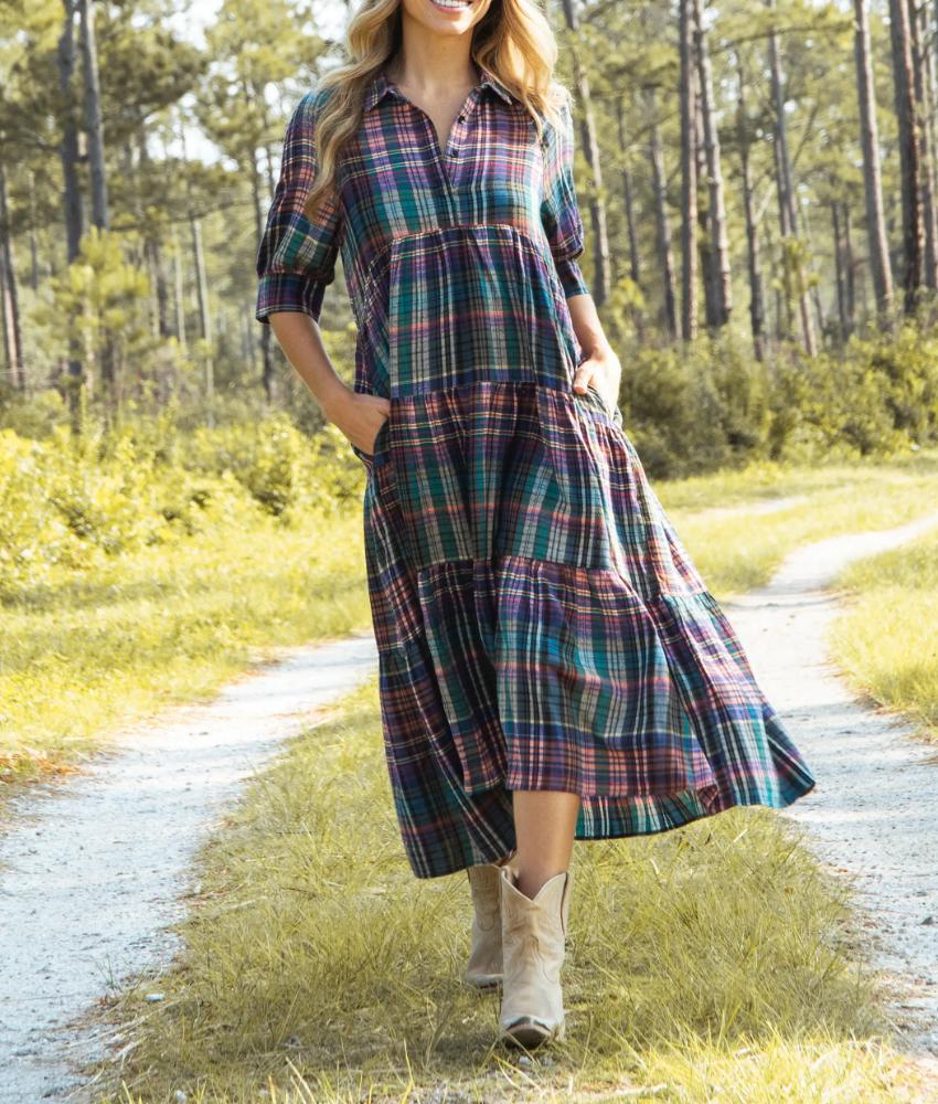 Stylish Collared Patchwork Plaid Maxi Dress