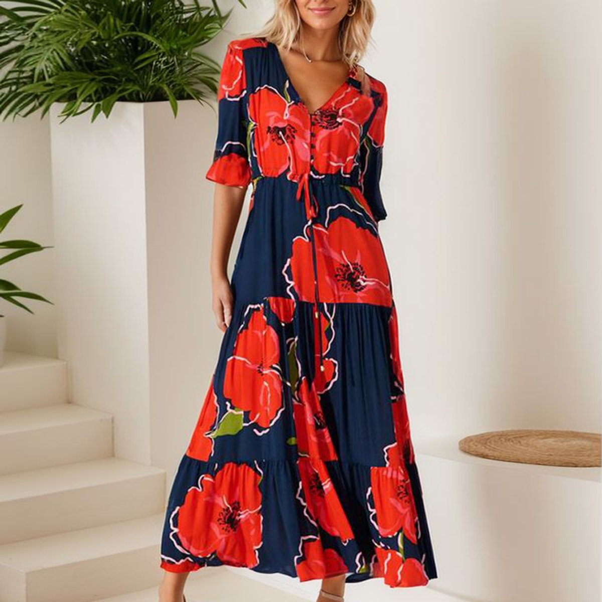 Showy Short Sleeve Red Maxi Dress