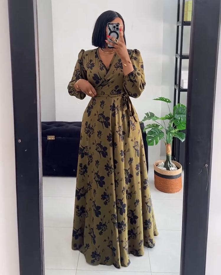 Retro Long Sleeve V-Neck Maxi Dress