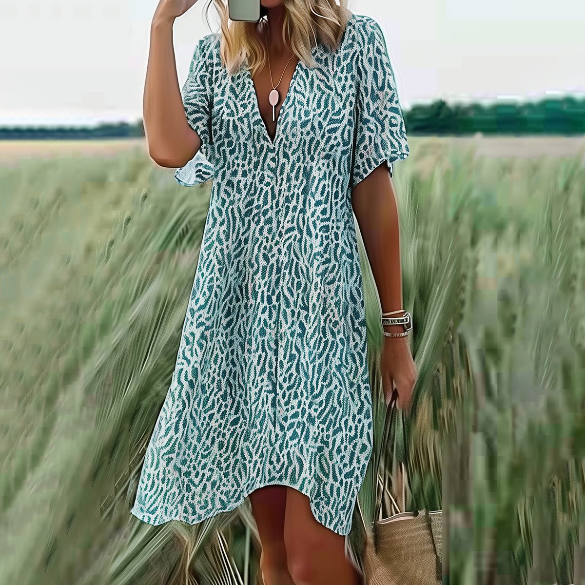 Green V-Neck Short Sleeve Mini Dress