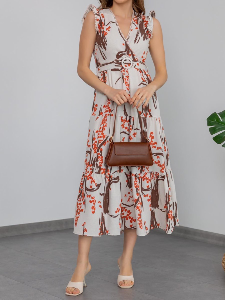 Flying-Sleeve Printed V-Neck Dress