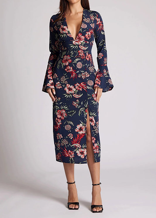 Deep V-neck Navy Floral Midi Dress