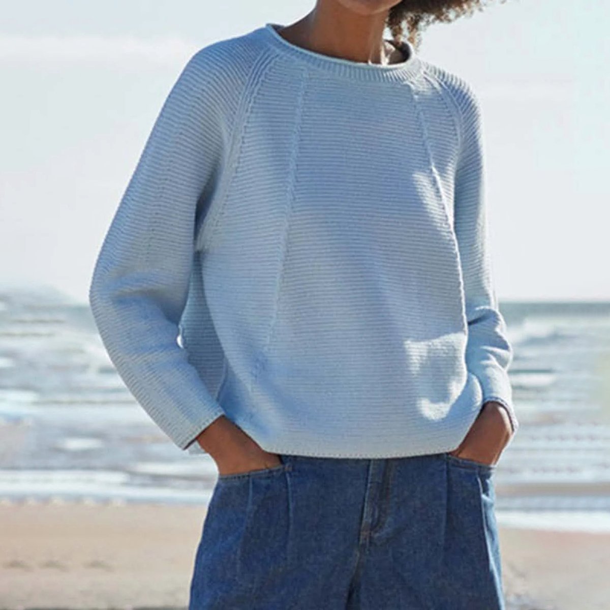 Fresh Blue Plain Round Neck Long Sleeve Sweater