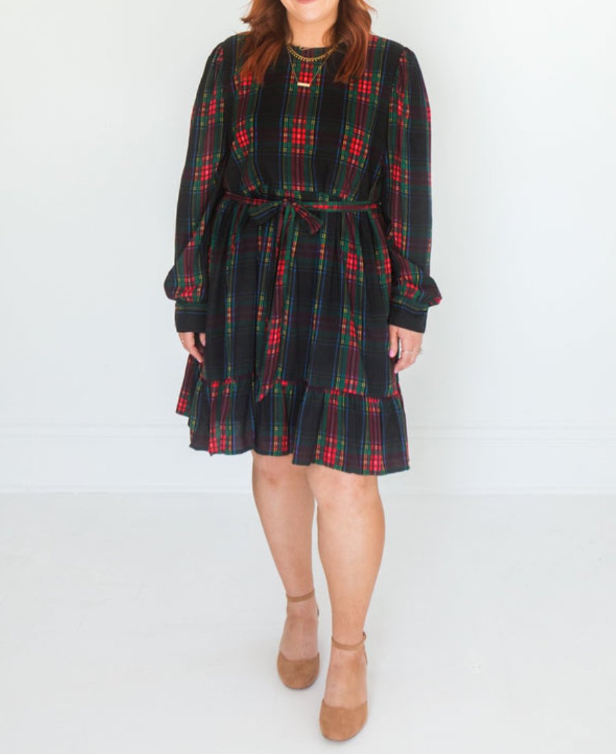 Unique Plaid Print Long Sleeve Mini Dress