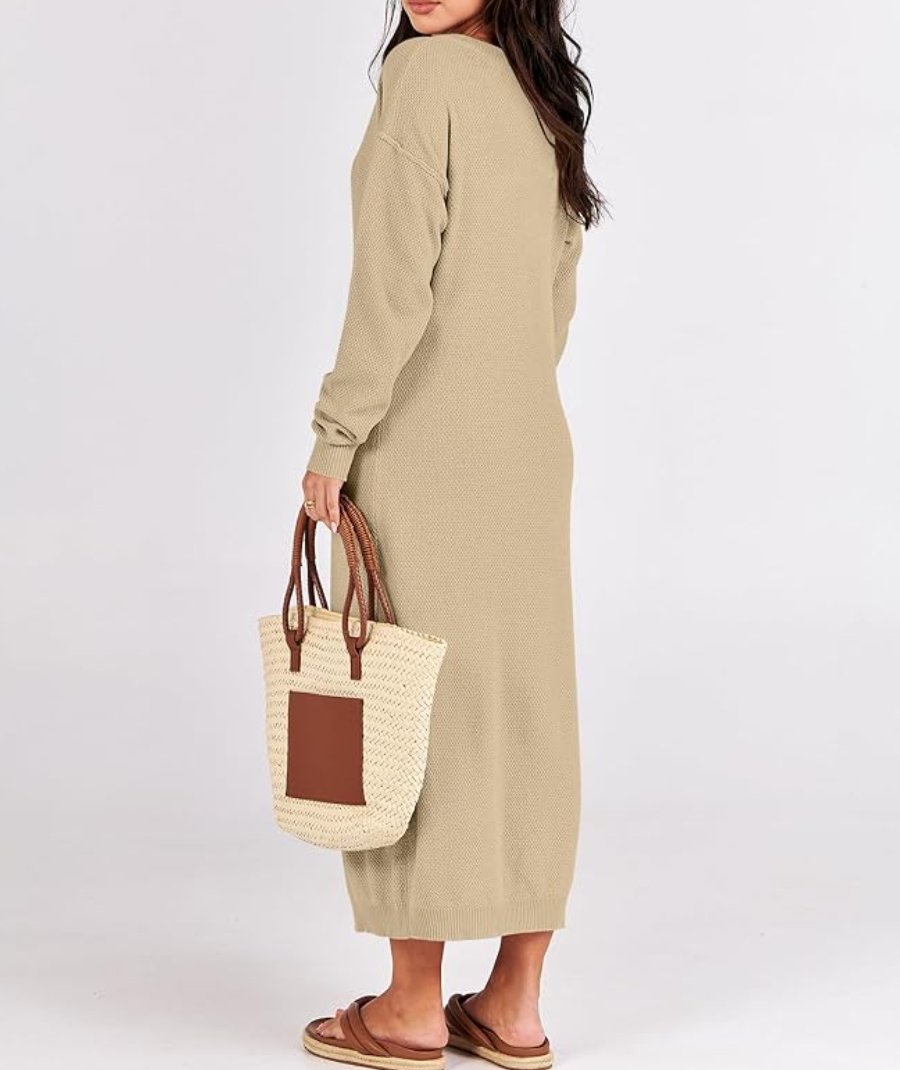 Long Sleeve Button Waffle Knit Fall Dress