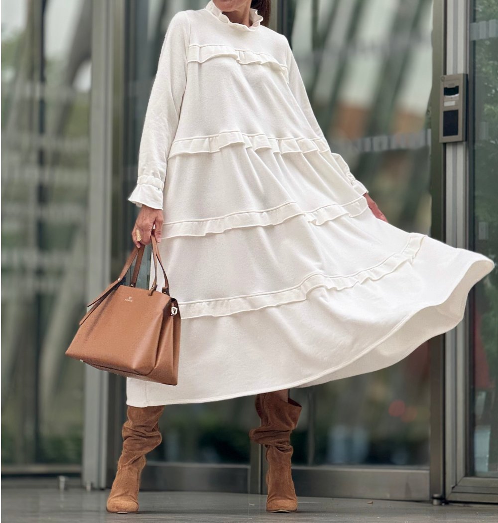 White Side Pocket Long Sleeve Midi Dress