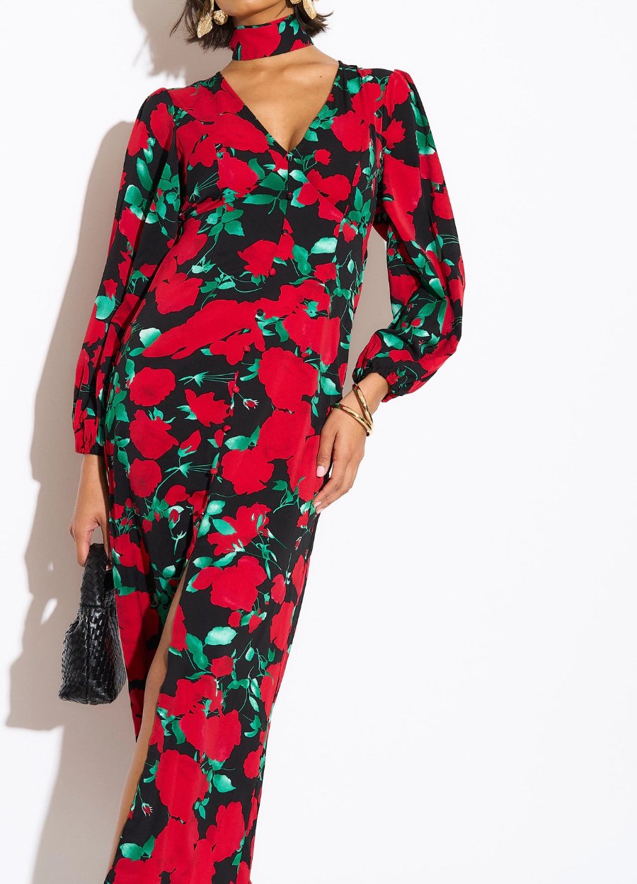 Red Floral V Neck Button Maxi Dress