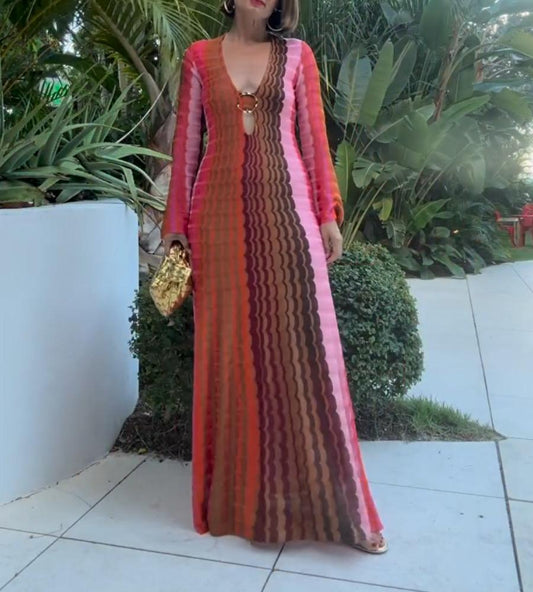 Stylish Wavy Knit Long Sleeve Maxi Dress