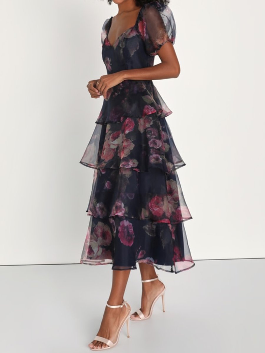 Chic Navy Fall Floral Party Maxi Dress