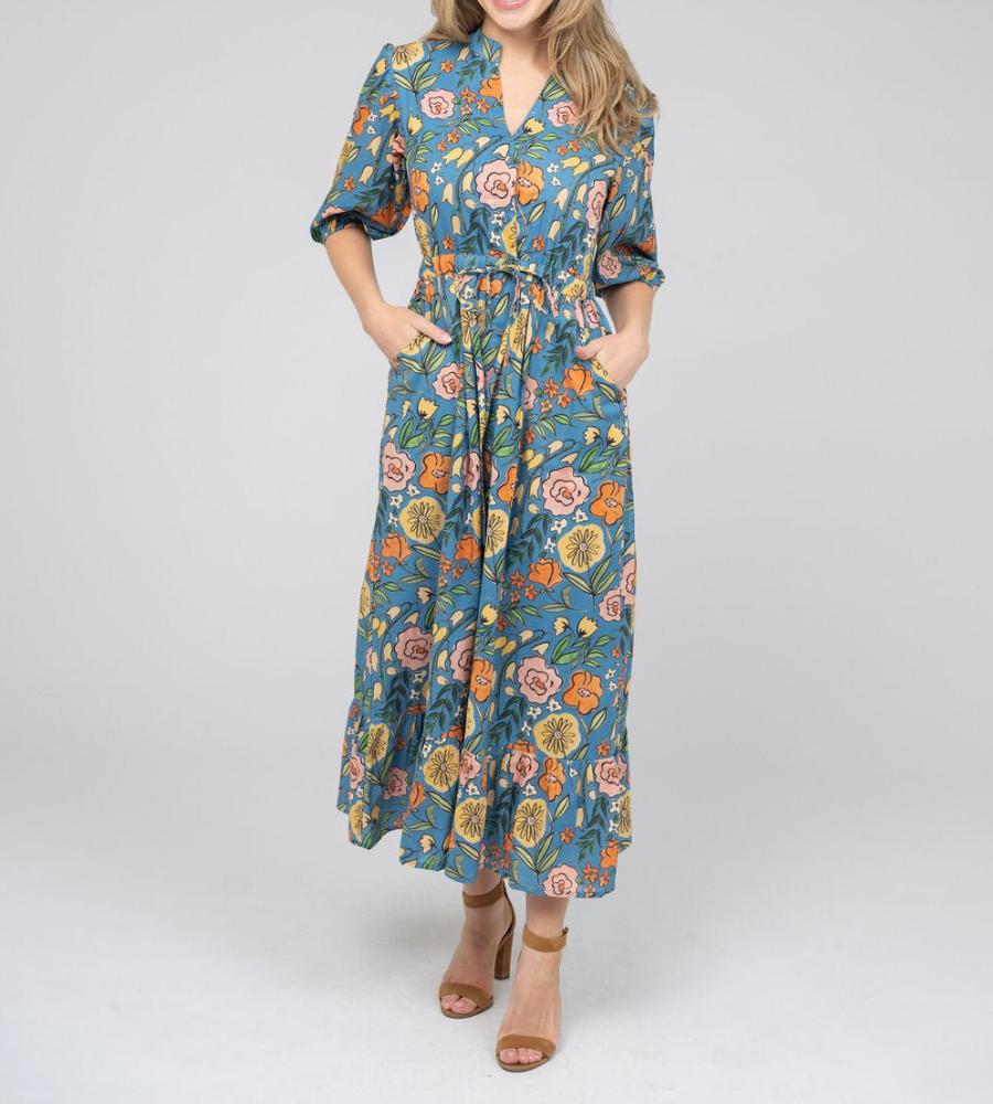 Romantic Floral Print V-Neck Midi Dress