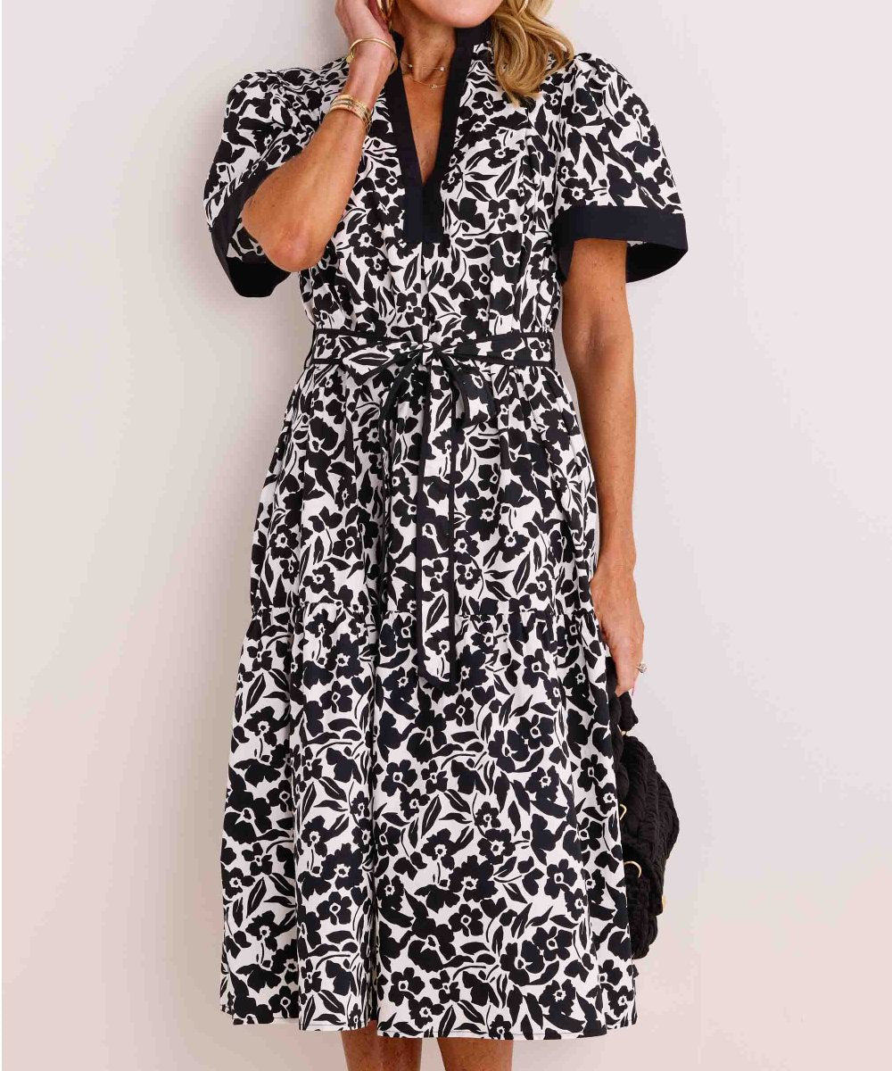 Black And White Short Sleeve Midi Dress