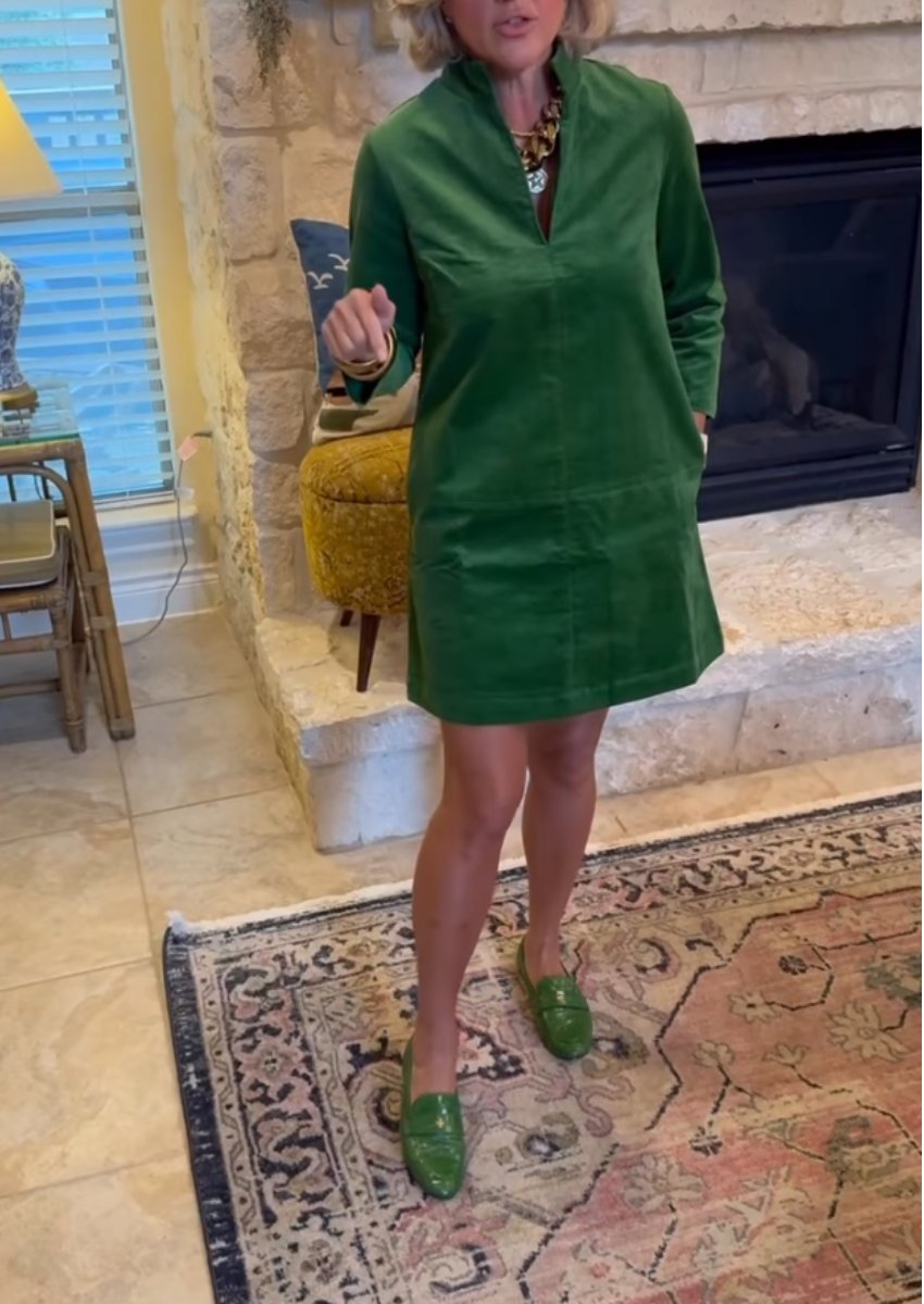 Green Corduroy Long sleeve Mini Dress