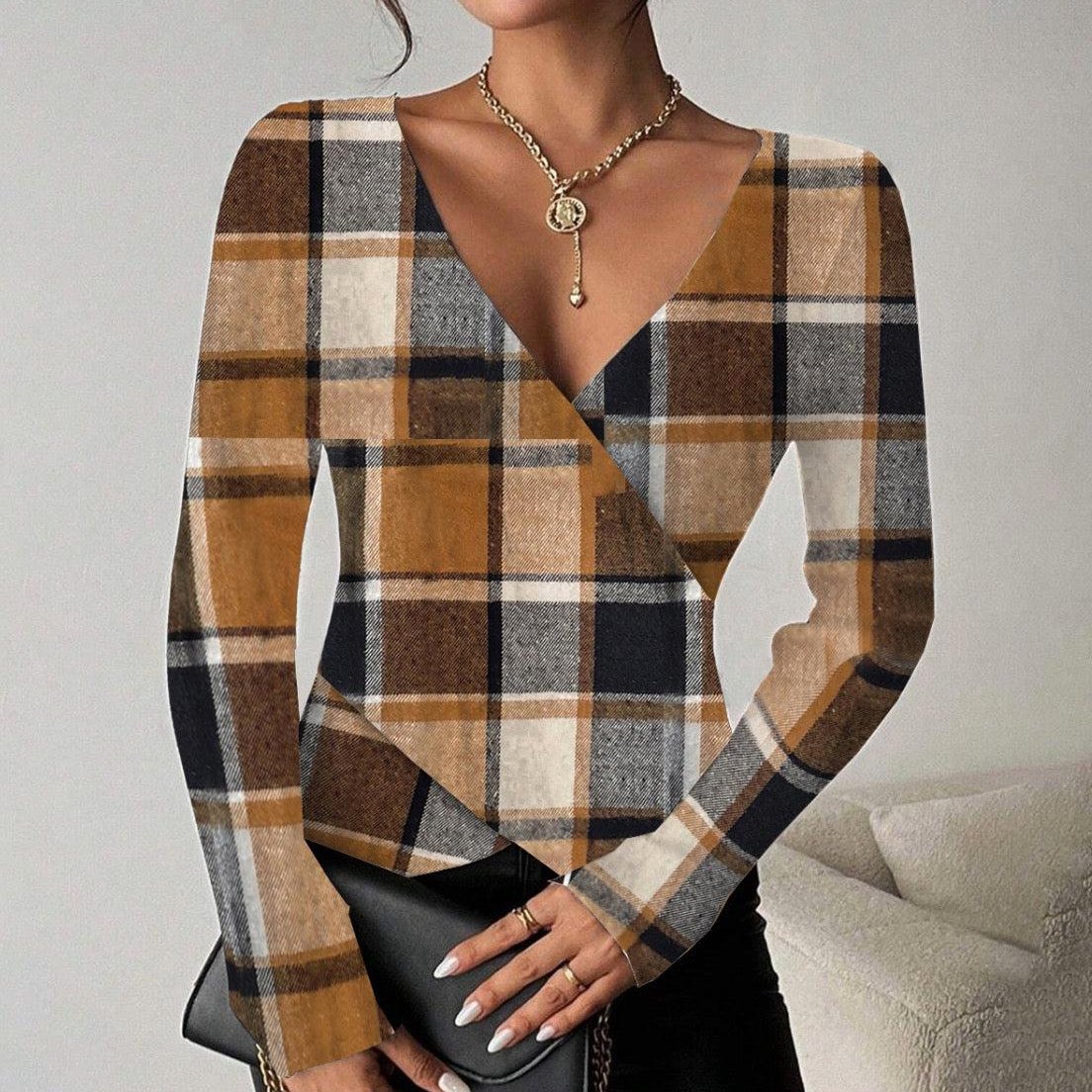 Brown Long Sleeve Check Top