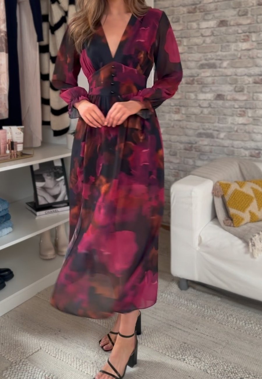 Multi Print Long Sleeve Midi Dress