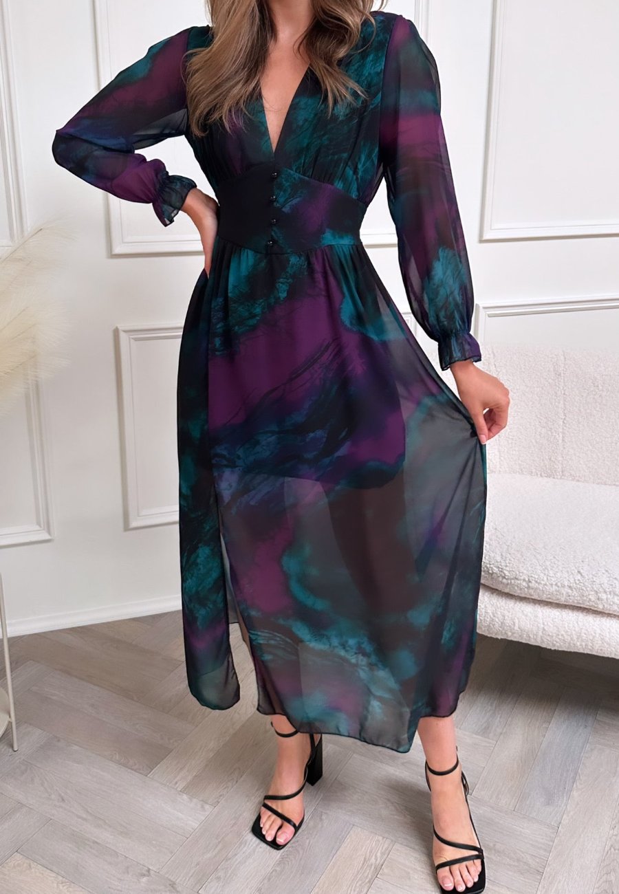 Multi Print Long Sleeve Midi Dress