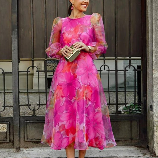 Attractive Floral Print Long Sleeve Midi Dress