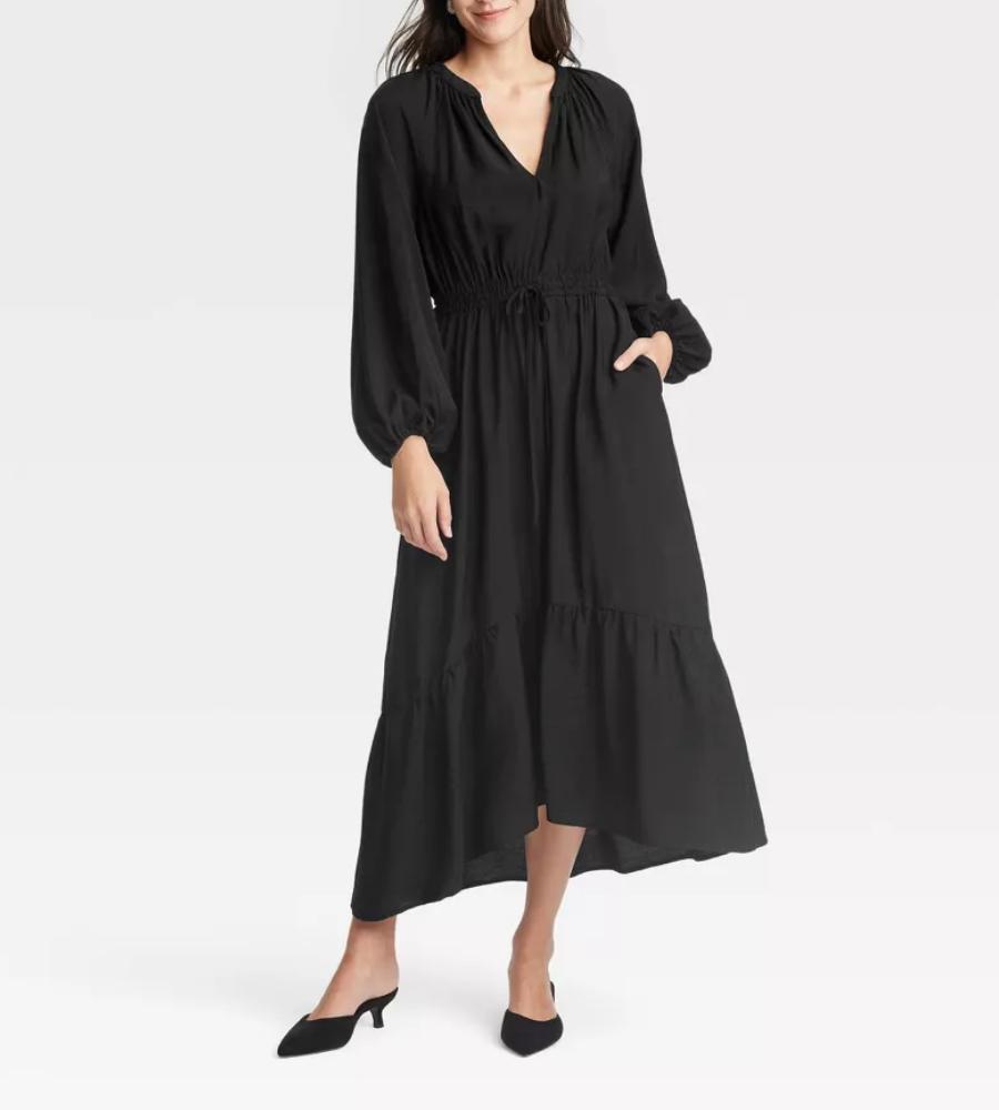 Popular Balloon Long Sleeve Tiered Midi Dress