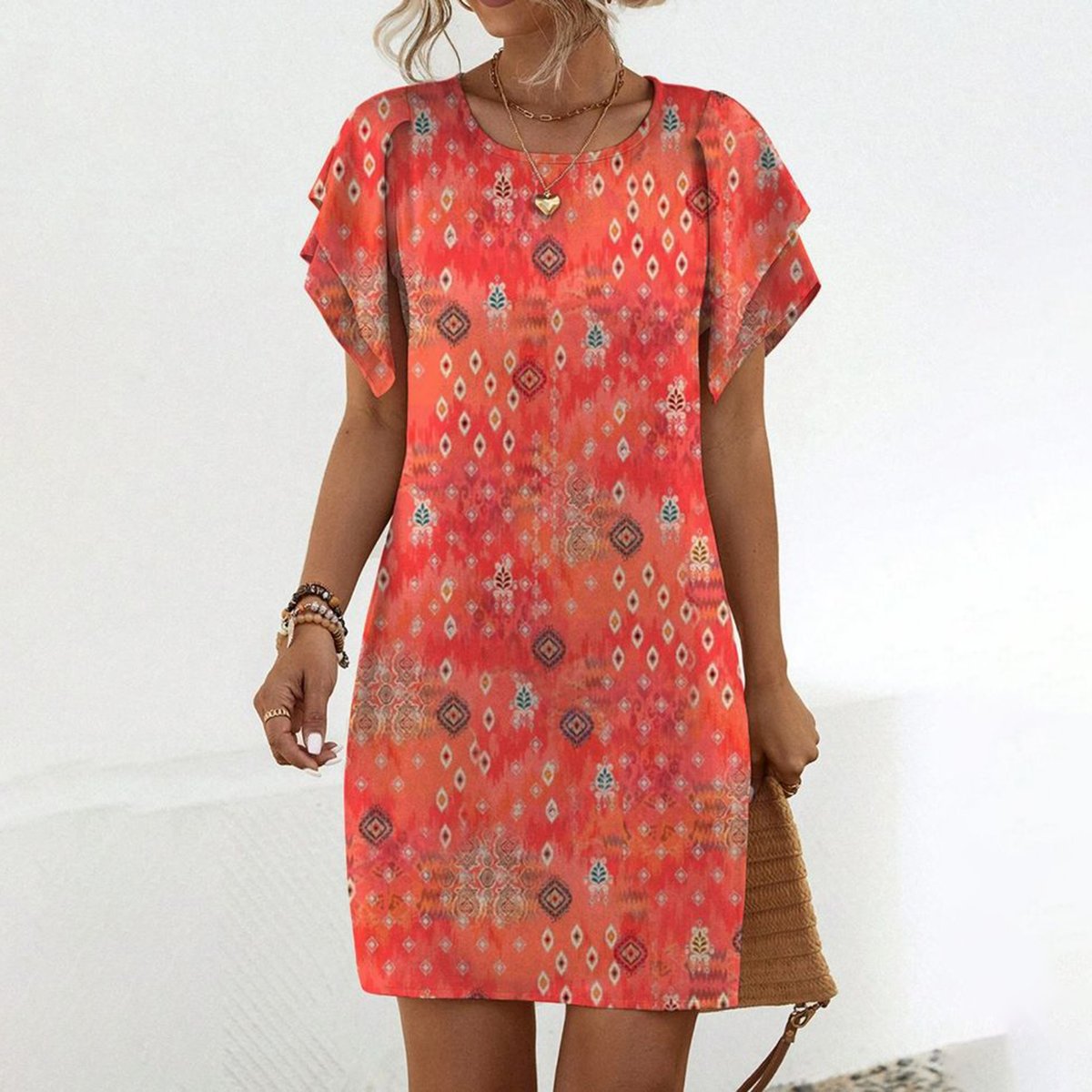 Bright Orange Print Short Sleeve Mini Dress