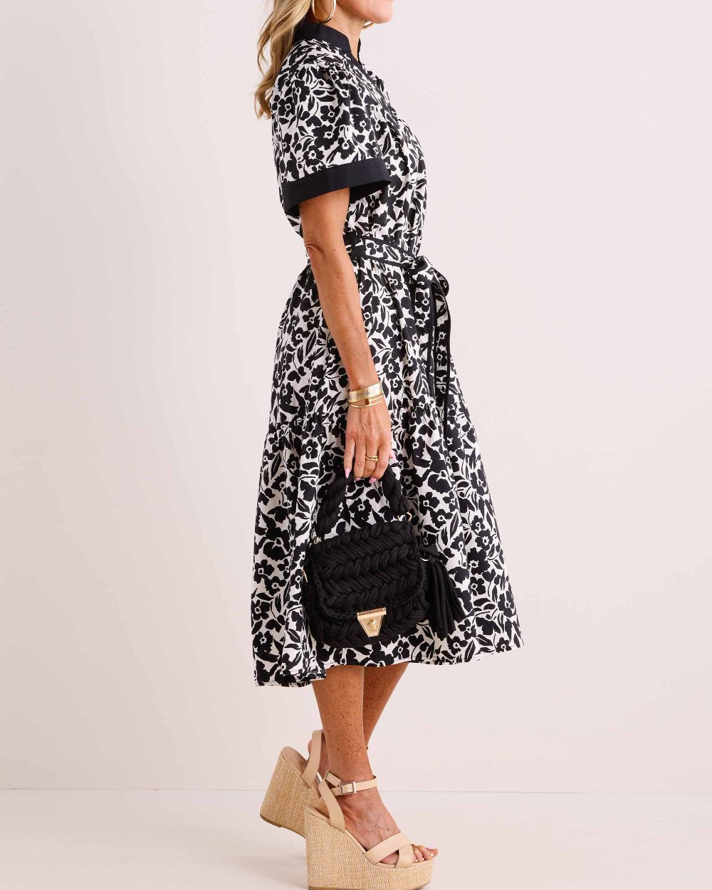 Black And White Short Sleeve Midi Dress