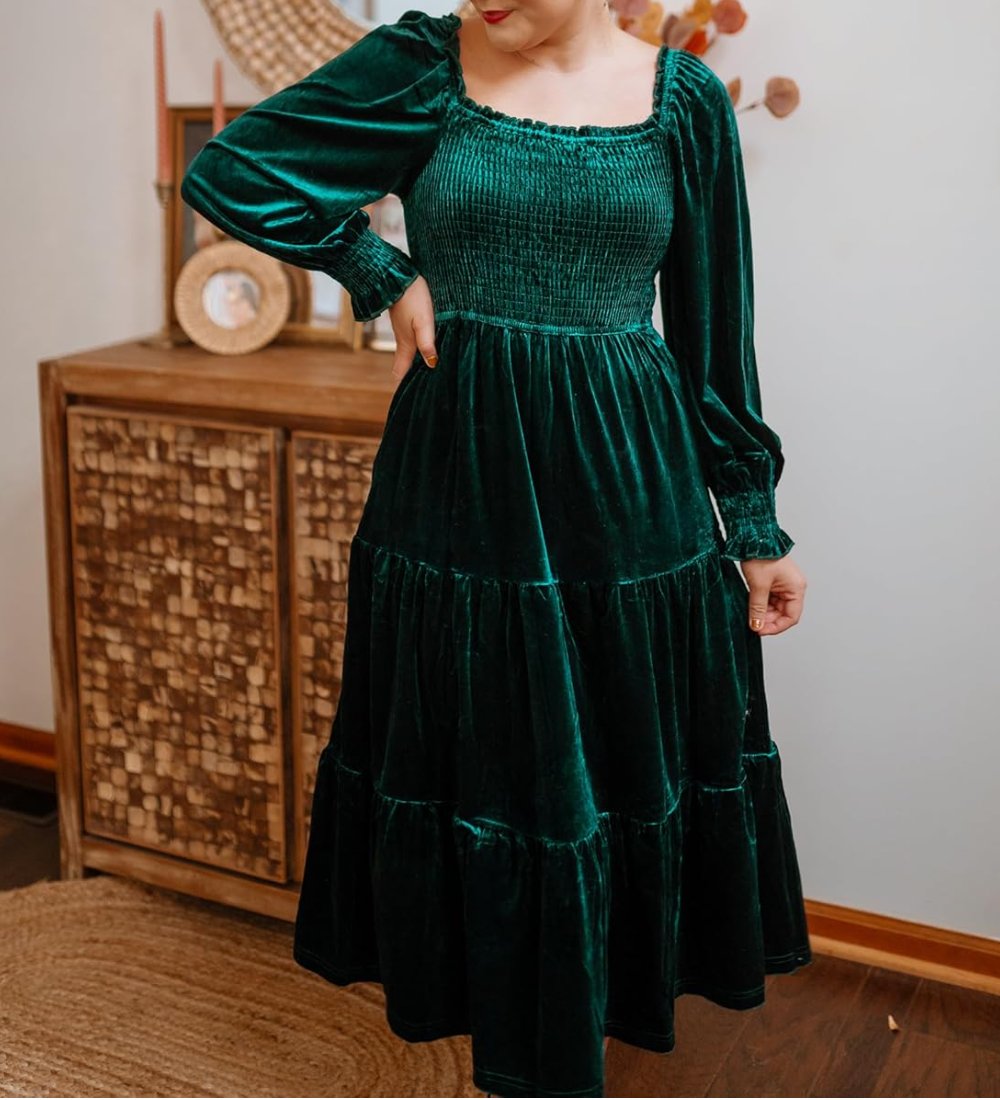 Chic Velvet Long Sleeve Pockets Midi Dress