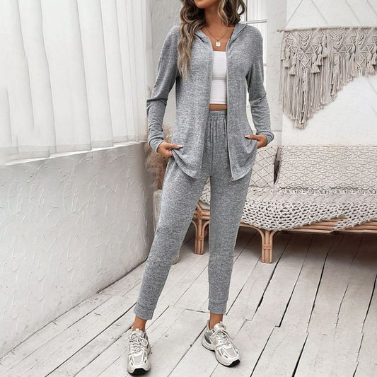 Sporty Plain Grey Long Sleeve Two Piece Set