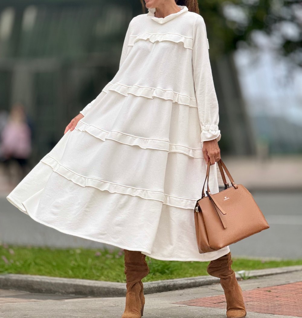 White Side Pocket Long Sleeve Midi Dress