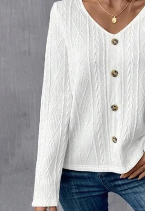 White Plain V-Neck Long Sleeve Top