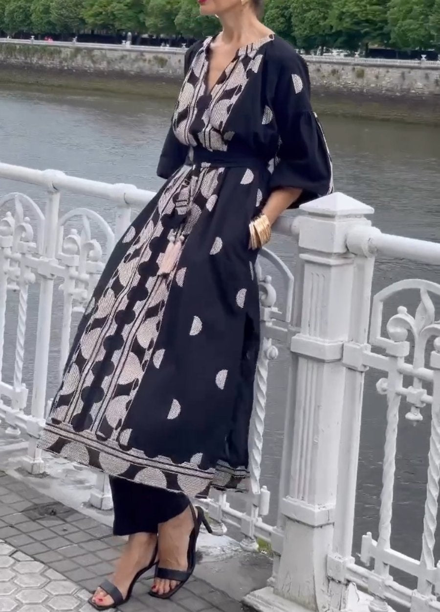 Popular V-Neck 3/4 Sleeve Maxi Dress