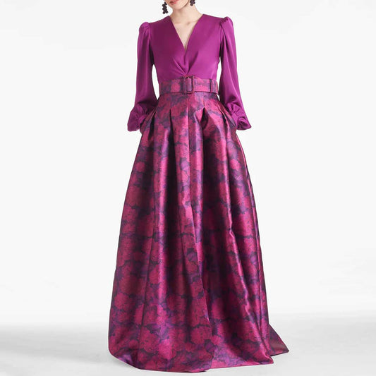 Purple V-Neck Long Sleeve Maxi Dress