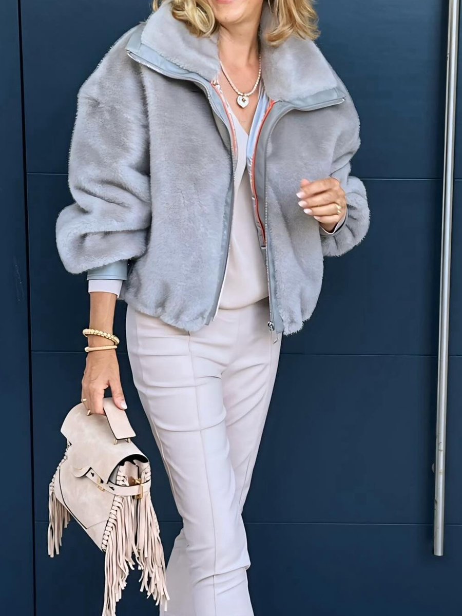 Grey Comfy Faux Fur Coat