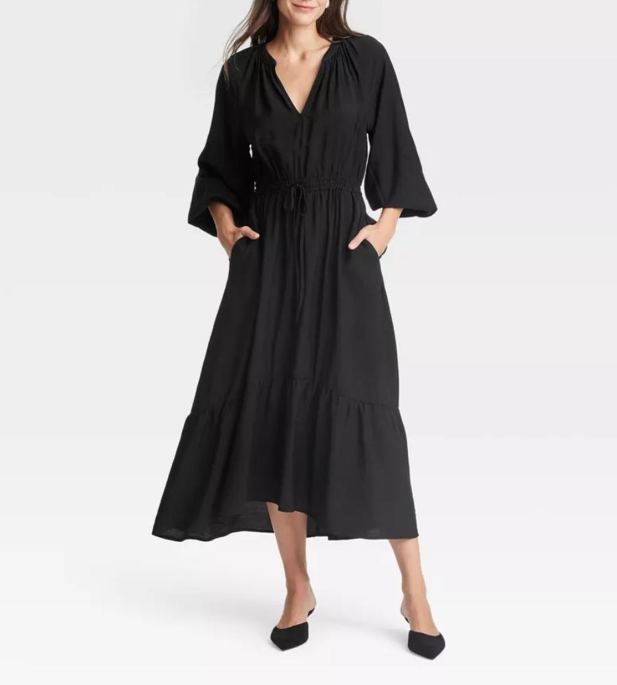 Popular Balloon Long Sleeve Tiered Midi Dress