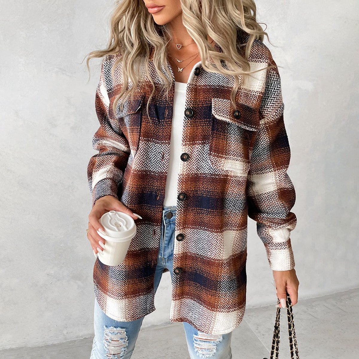 Brown Check Print Collared Long Sleeve Outerwear