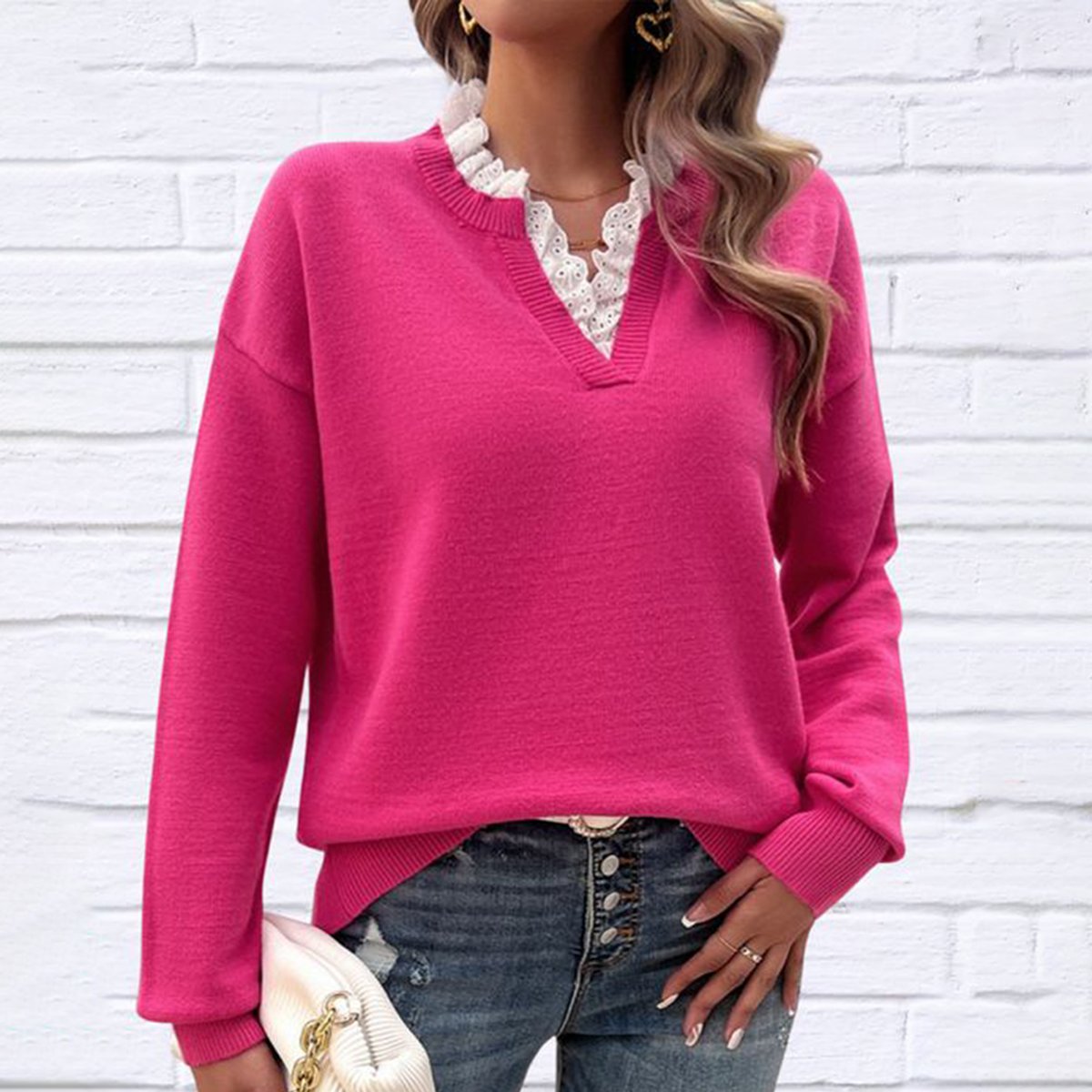 Rose Red V-Neck Long Sleeve Sweater