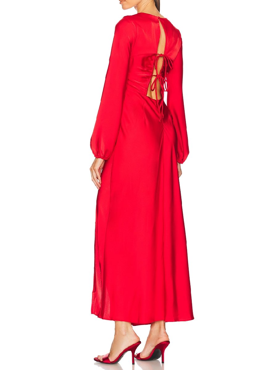 Showy Red Plain Round Neck Maxi Dress