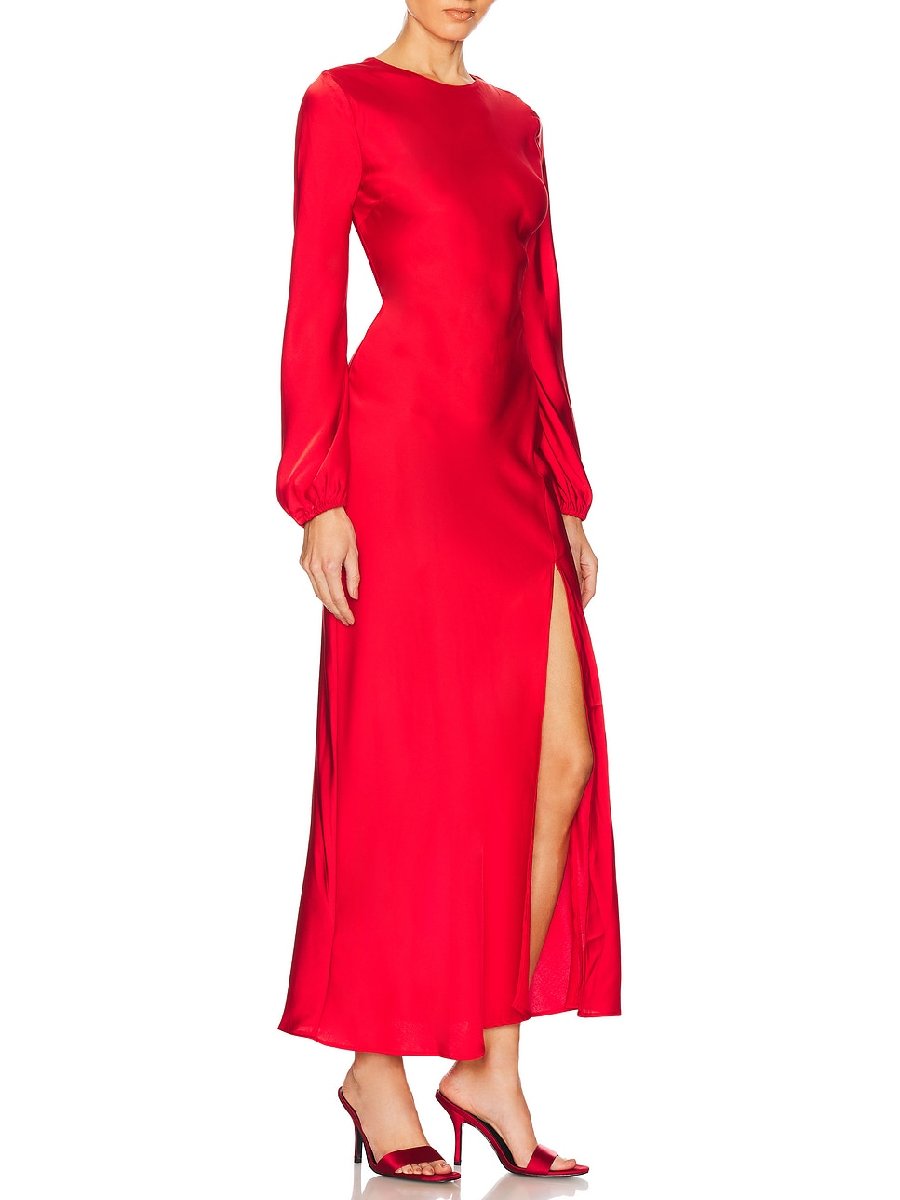 Showy Red Plain Round Neck Maxi Dress