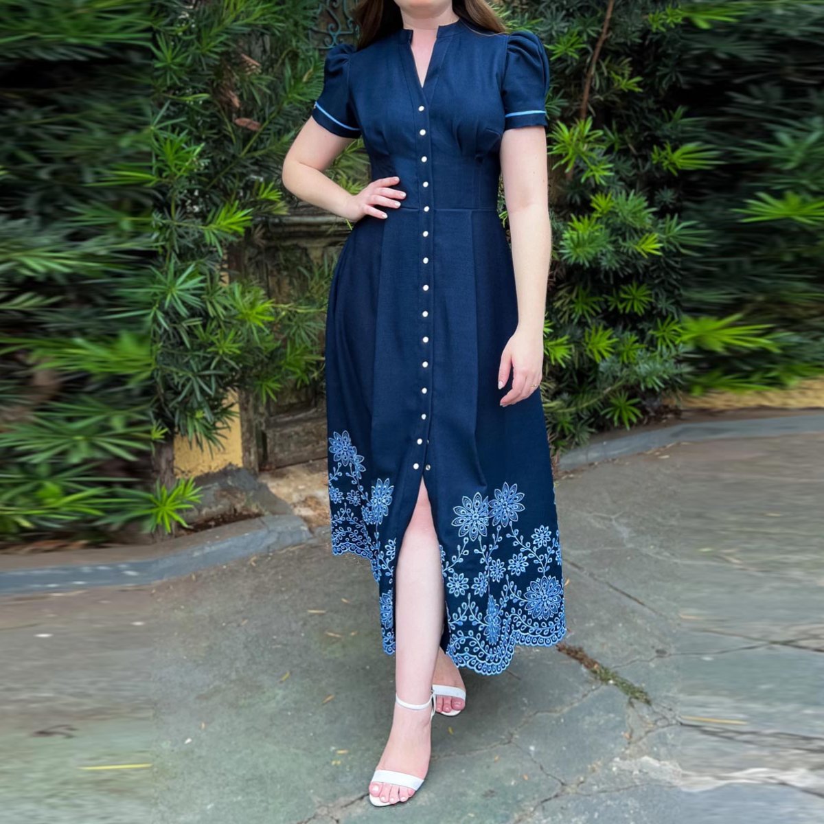 Puff Sleeve Button Up Embroidered Dress