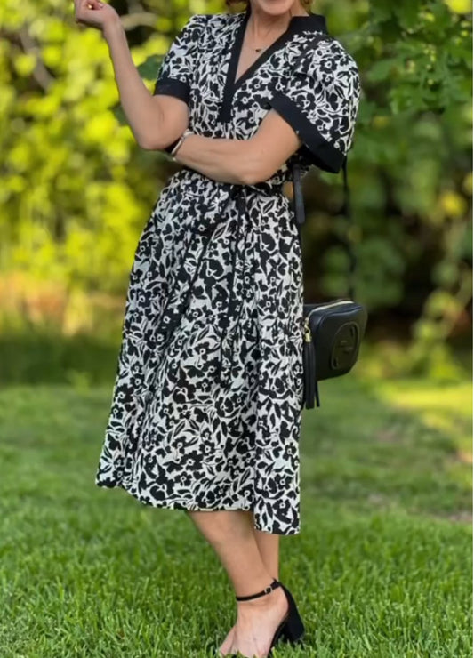 Black And White Short Sleeve Midi Dress